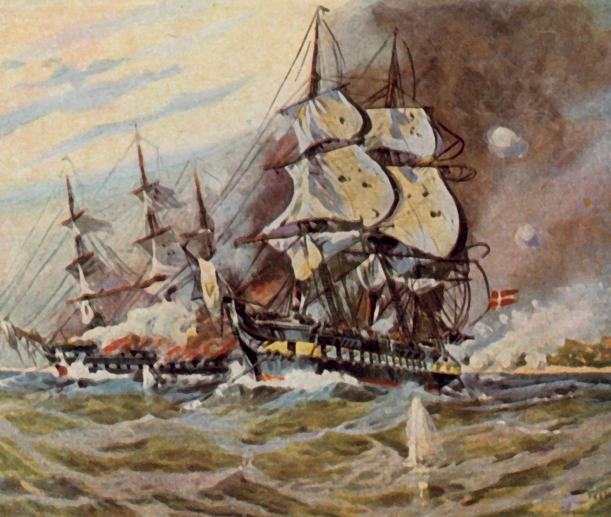 Niemieckie baterie plażowe w pobliżu Eckernförde, 5 kwietnia 1849 r. (wzmocniona litografia kolorowa) autorstwa Willy Stower