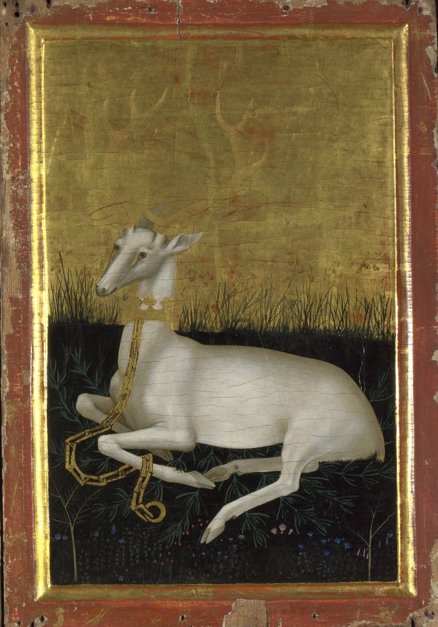 Biały jeleń przykuty łańcuchem z koroną na szyi Zewnętrzny panel Dyptyku Wilton, między 1395 a 1399 autorstwa Wilton Master