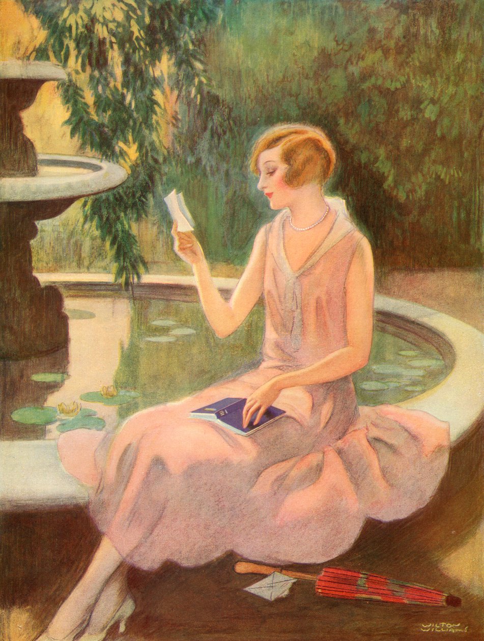 Młoda kobieta czytająca list miłosny przy fontannie, ok. 1925 (sitodruk) autorstwa Wilton Williams