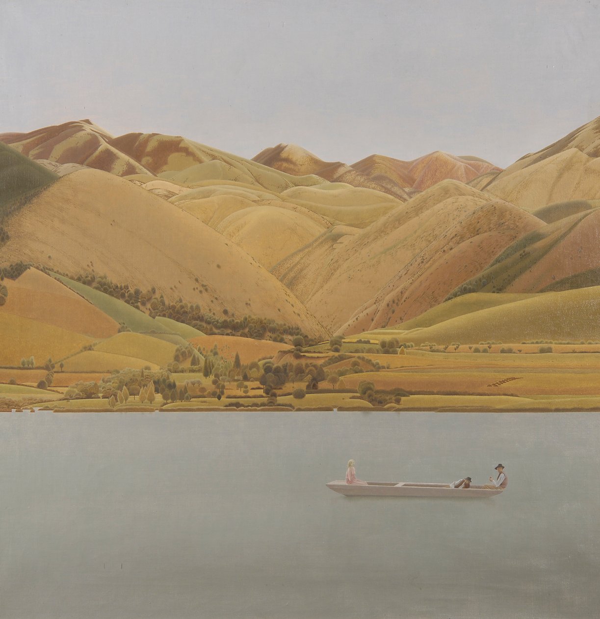 Edge of Abruzzi: Łódź z trzema osobami na jeziorze autorstwa Winifred Knights