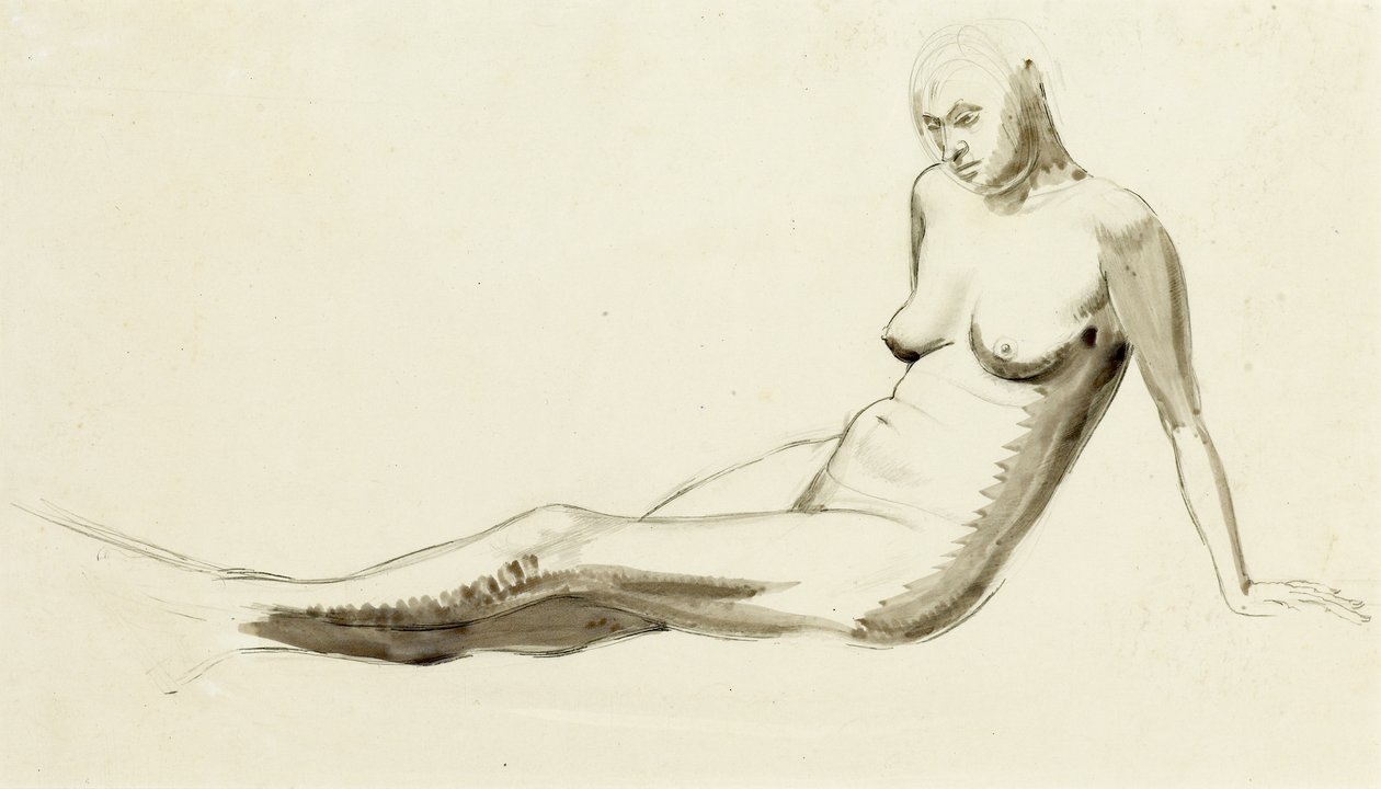 Akt w pozycji siedzącej, ok. 1919 (pióro i ołówek) autorstwa Winifred Knights