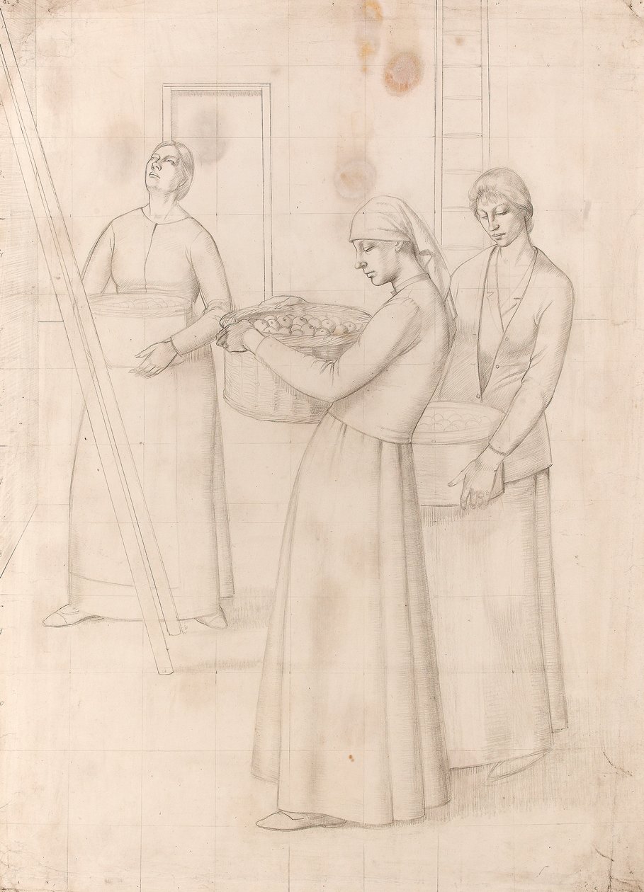 Studium do „Wzoru do dekoracji ścian” - Trzy kobiety niosące kosze z jabłkami, ok. 1918 (ołówek na papierze) autorstwa Winifred Knights