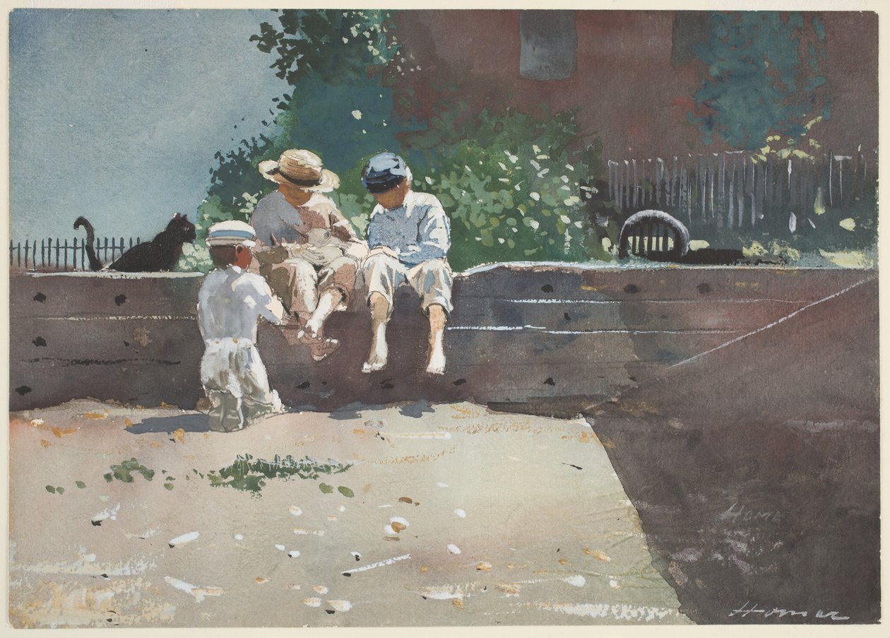 Boys and Kitten, 1873 (toaleta i gwasz na ołówku na papierze) autorstwa Winslow Homer