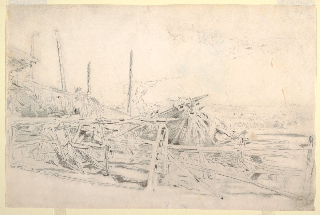 Rysunek, stóg siana i ogrodzenie kolejowe, ca. 1870 autorstwa Winslow Homer