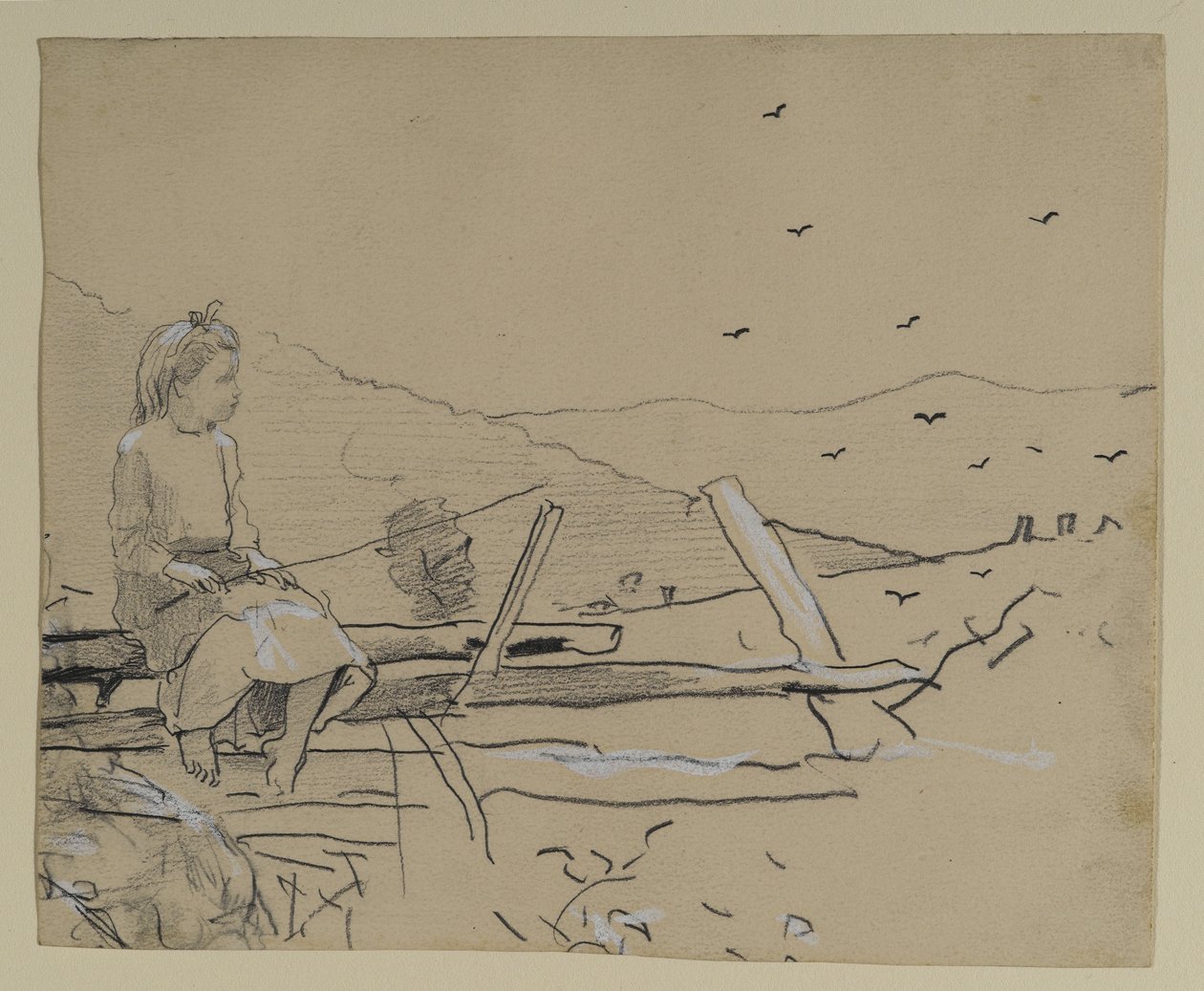 Dziewczyna siedząca na płocie, 1879 (grafit z chińską bielą na papierze) autorstwa Winslow Homer