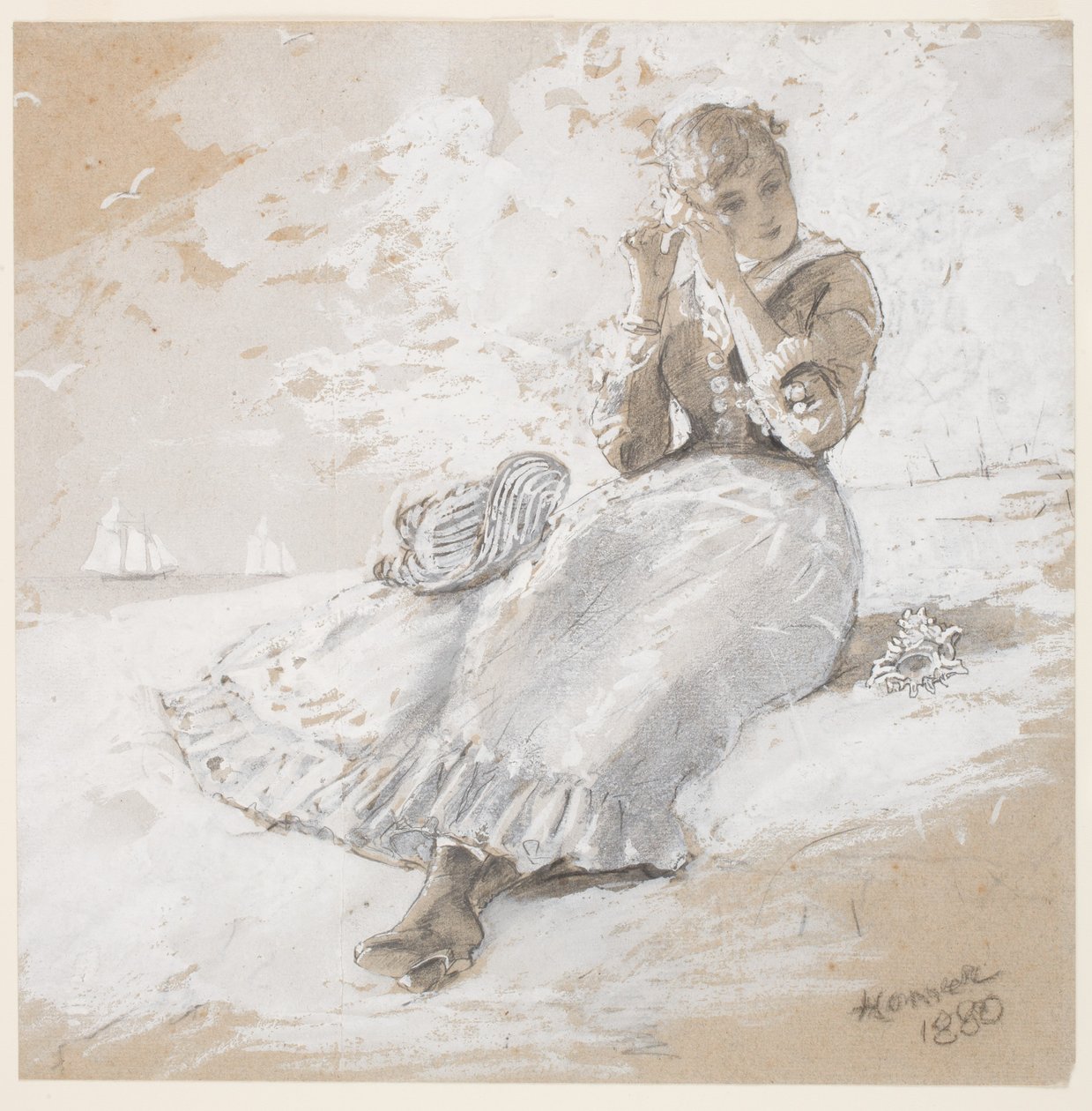 Dziewczyna z muszlą przy uchu, 1880 (grafit, węgiel i biały gwasz na papierze) autorstwa Winslow Homer