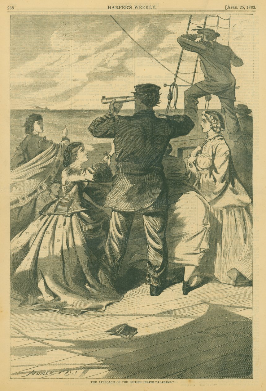 Odbitka oficera marynarki spoglądającego przez okular szpiegowski na statek w oddali, podczas gdy kilka pań kręci się wokół niego. autorstwa Winslow Homer