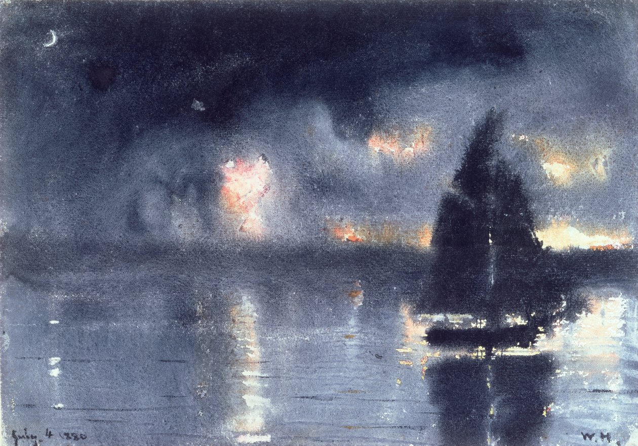 Żaglówka i fajerwerki 4 lipca, 1880 (wc na papierze) autorstwa Winslow Homer