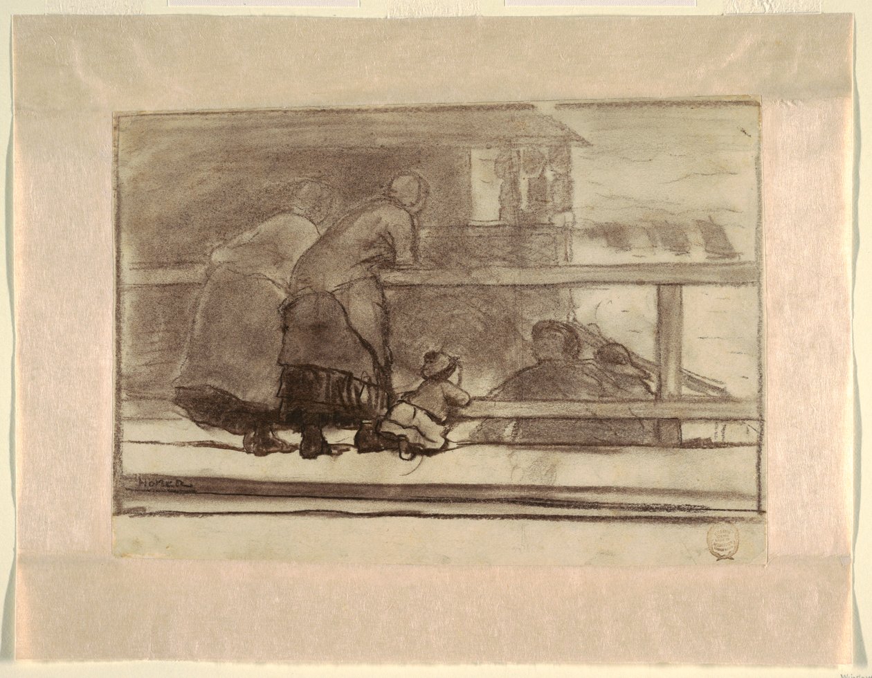 Dwie kobiety i dziecko w kolejce, z widokiem na plażę w Tynemouth autorstwa Winslow Homer