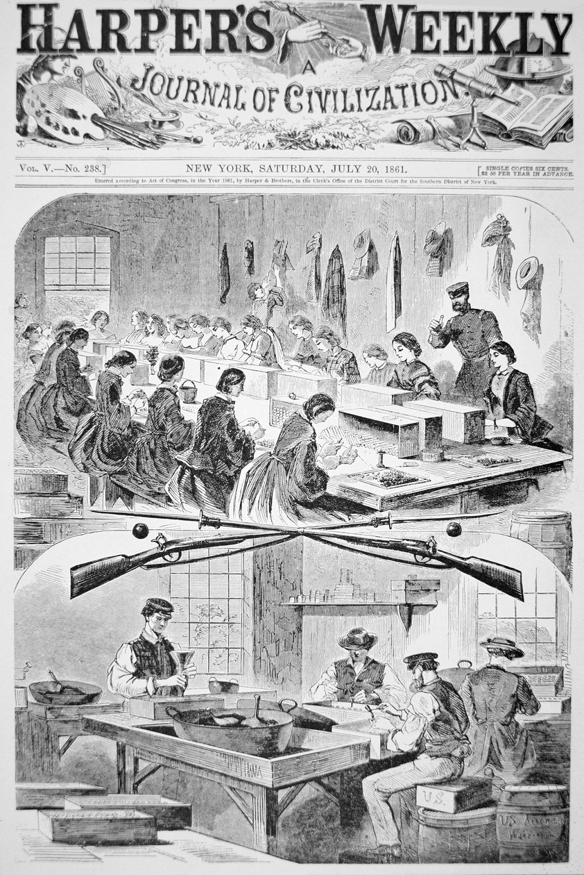 Mężczyźni i kobiety napełniają naboje w arsenale w Watertown, Massachusetts, z Harper