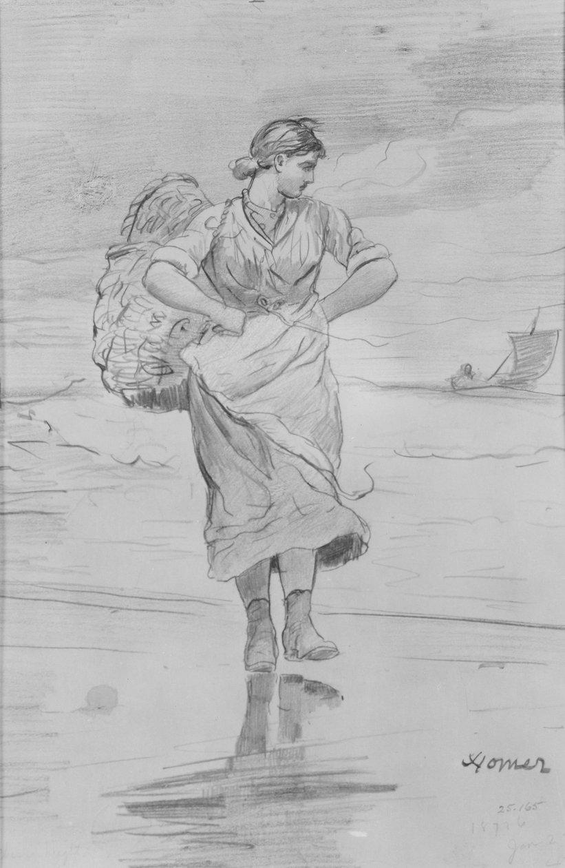 Rybaczka na plaży (szkic do ilustracji do opowiadania „Nadchodząca fala”) autorstwa Winslow Homer