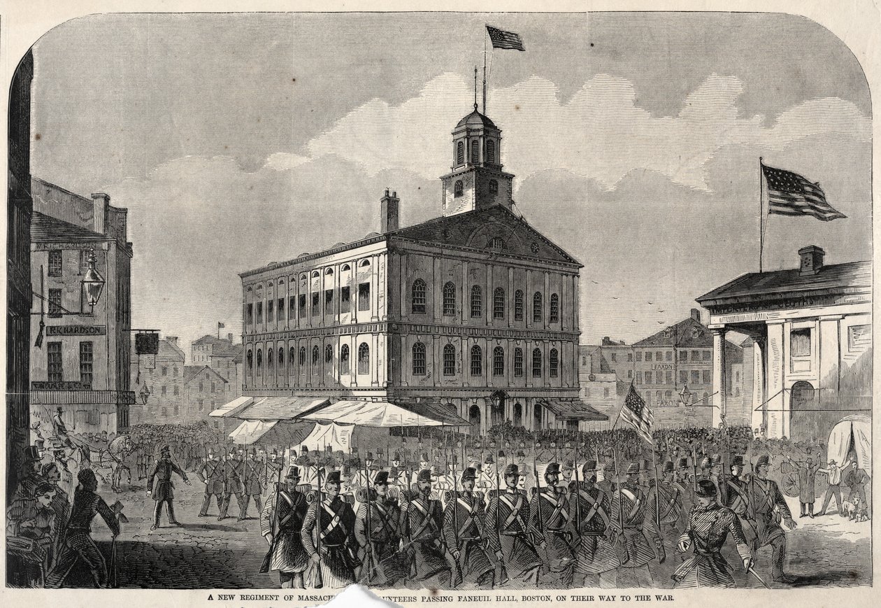 Nowy pułk ochotników z Massachusetts mijający Faneuil Hall w Bostonie w drodze na wojnę autorstwa Winslow Homer