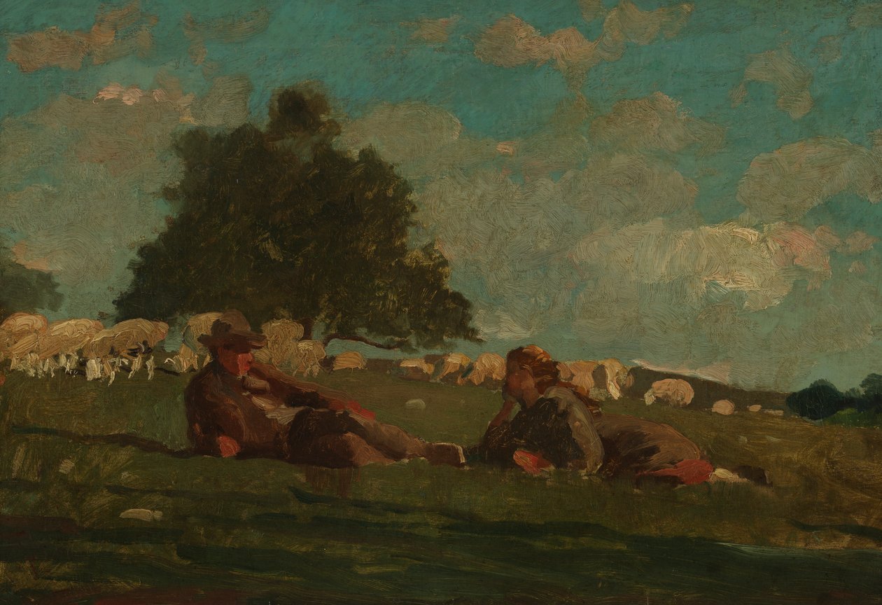 Chłopiec i dziewczynka na polu z owcami autorstwa Winslow Homer