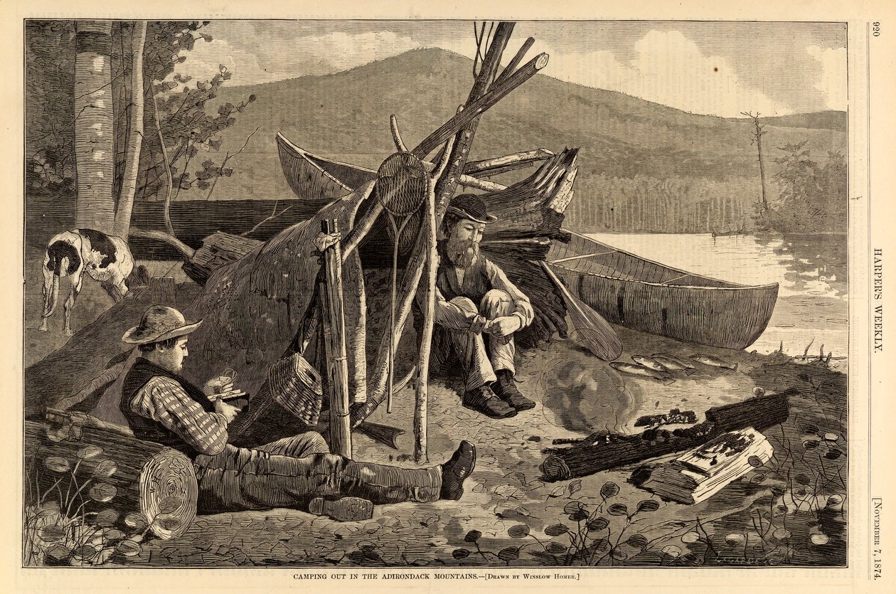 Biwak w górach Adirondack, z magazynu „Harper’s Weekly”, 7 listopada 1874 r. autorstwa Winslow Homer