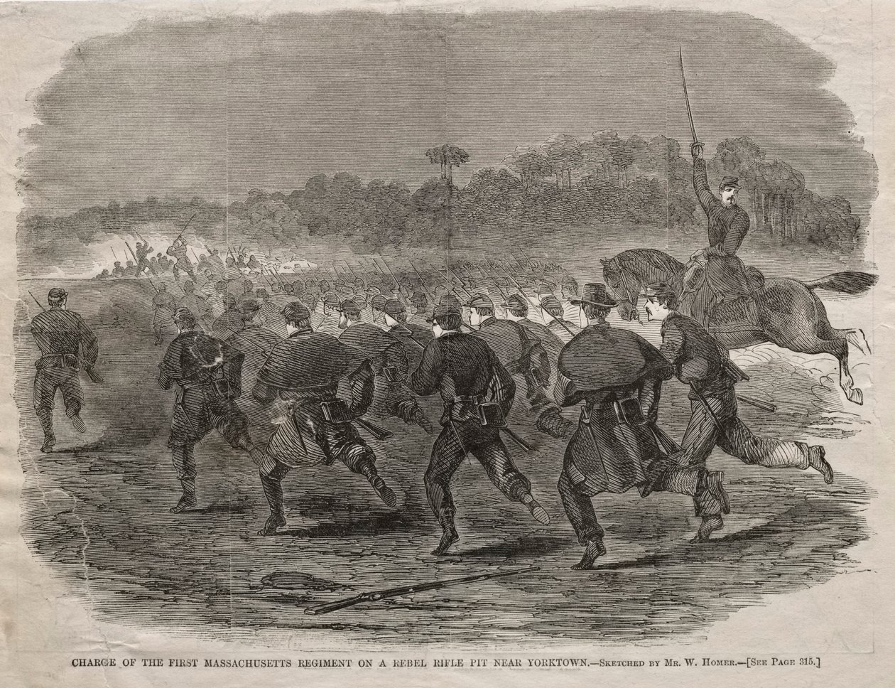 Szarża Pierwszego Pułku Massachusetts na Rebel Rifle Pit niedaleko Yorktown, 1862. autorstwa Winslow Homer