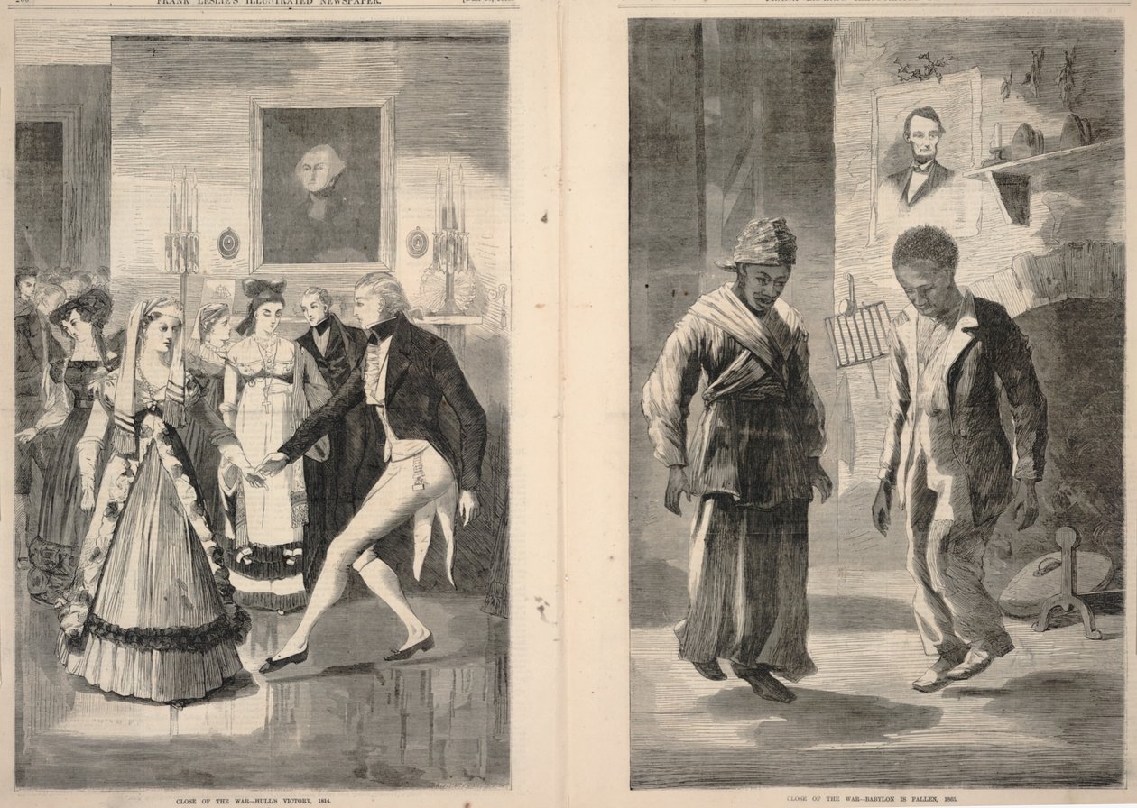 Koniec wojny - zwycięstwo Kadłubka, 1814 r. / Koniec wojny - upadek Babilonu, 1865 r., z ilustrowanej gazety Franka Lesliego, 16 grudnia 1865 r. autorstwa Winslow Homer