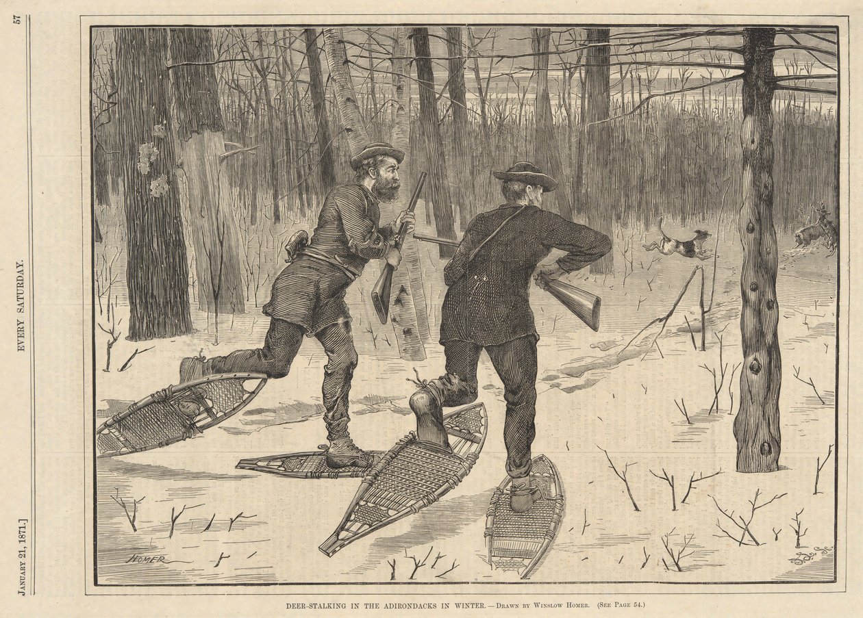 Polowanie na jelenie w Adirondacks zimą, od każdej soboty 21 stycznia 1871 r. autorstwa Winslow Homer