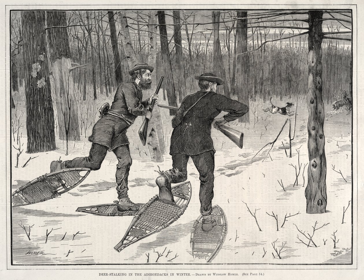 Polowanie z podchodu na jelenie w Adirondacks zimą autorstwa Winslow Homer