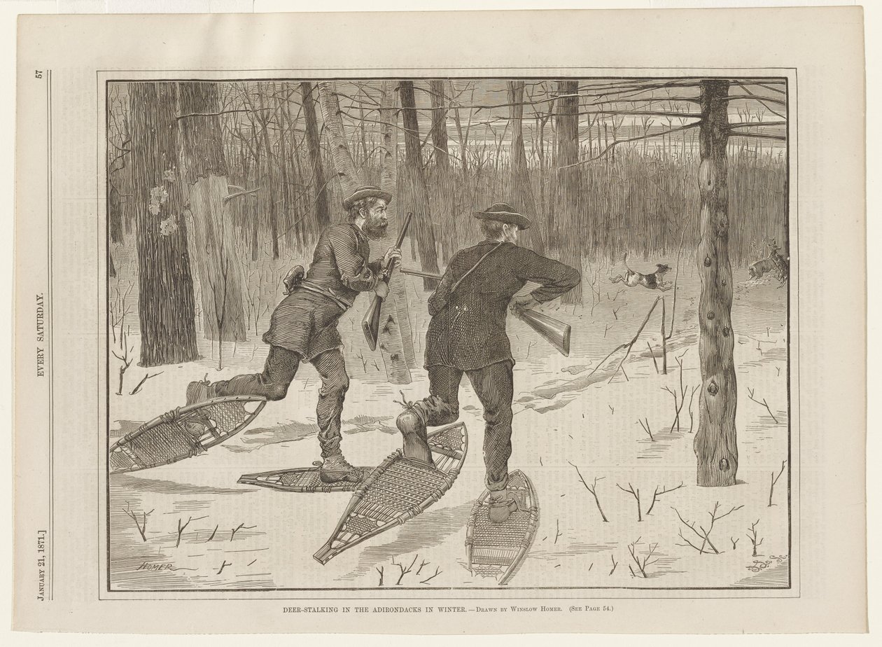 Polowanie z podchodu na jelenie w Adirondacks zimą autorstwa Winslow Homer