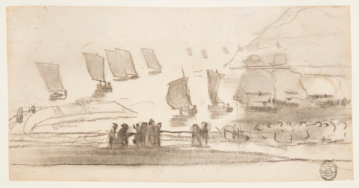 Rysunek, Scena na plaży z ludźmi i łodziami rybackimi, Cullercoats, Anglia, 1881-82 autorstwa Winslow Homer