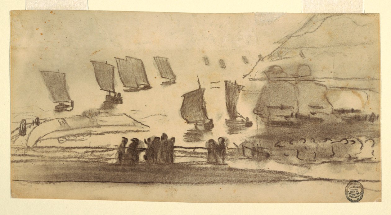 Rysunek, Scena na plaży z ludźmi i łodziami rybackimi, Cullercoats, Anglia, 1881-82 autorstwa Winslow Homer