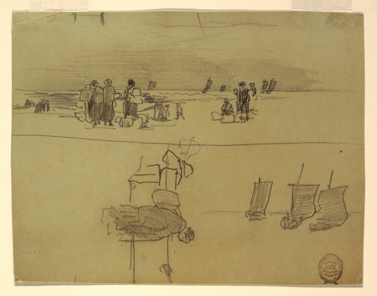 Rysunek, Scena na plaży z kobietami niosącymi kosze, Cullercoats, Anglia, 1881-82 autorstwa Winslow Homer
