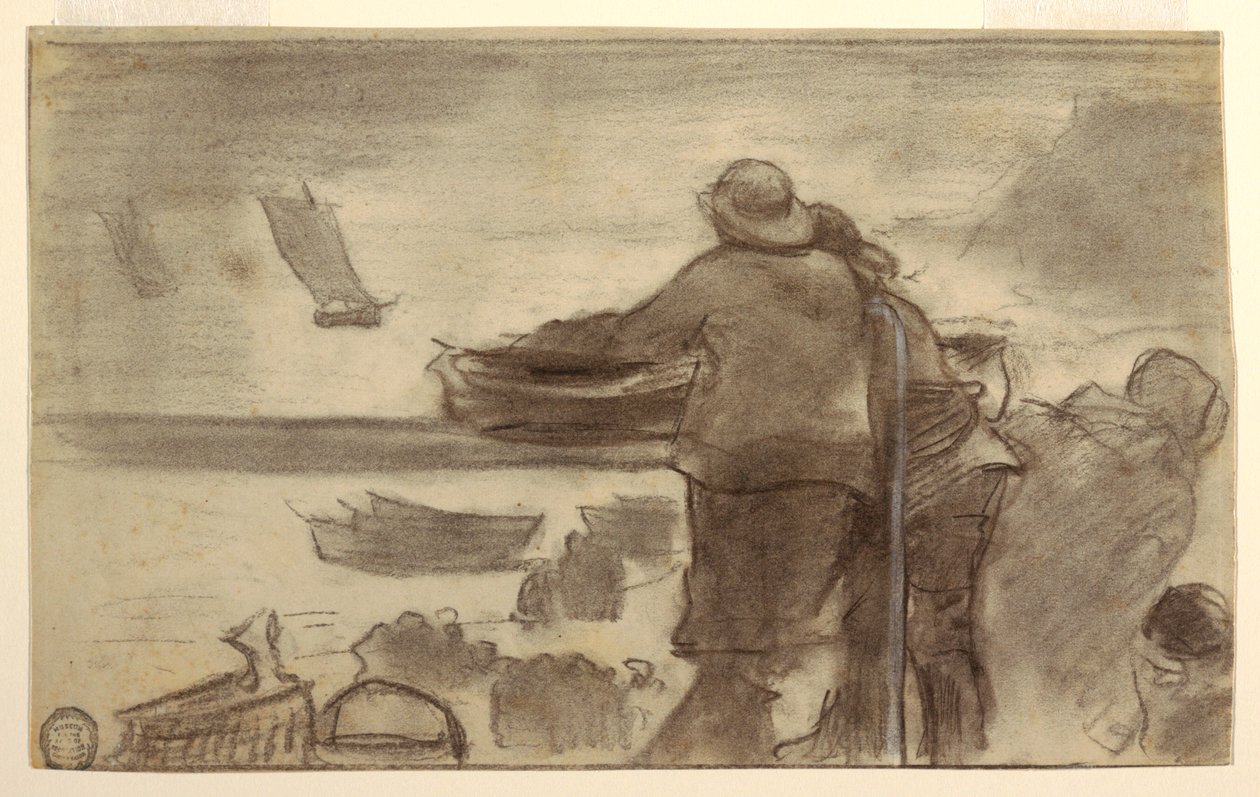 Rysunek, Plaża z łodziami i ludźmi, Cullercoats, Anglia, 1881-82 autorstwa Winslow Homer