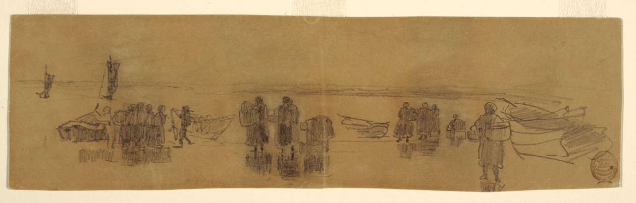 Rysunek, plaża z czterema łodziami rybackimi, Cullercoats, Anglia, 1881-82 autorstwa Winslow Homer