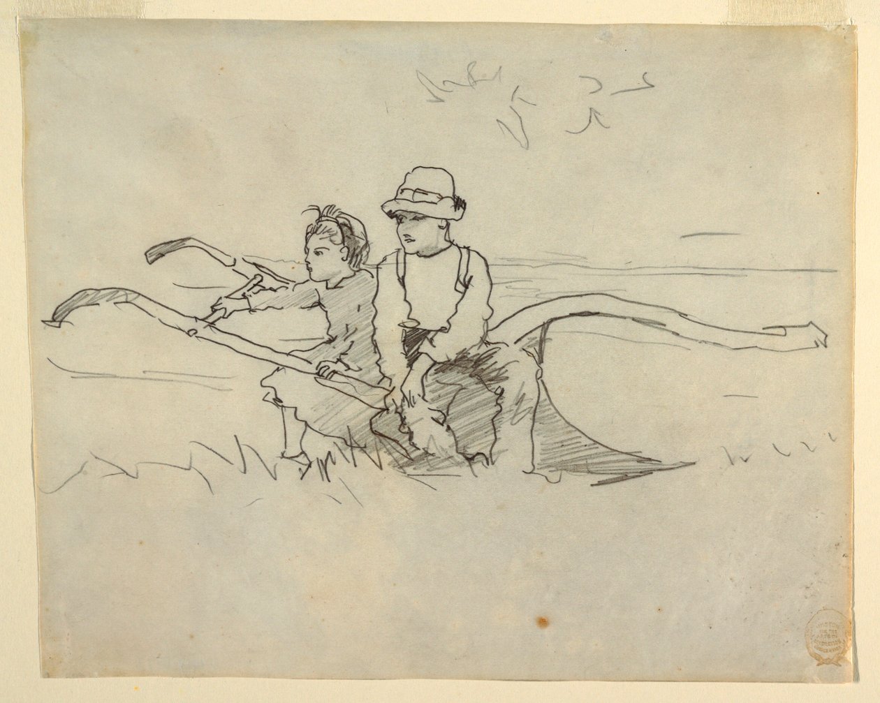 Rysunek, chłopiec i dziewczynka siedzący na pługu, 1879 r. autorstwa Winslow Homer