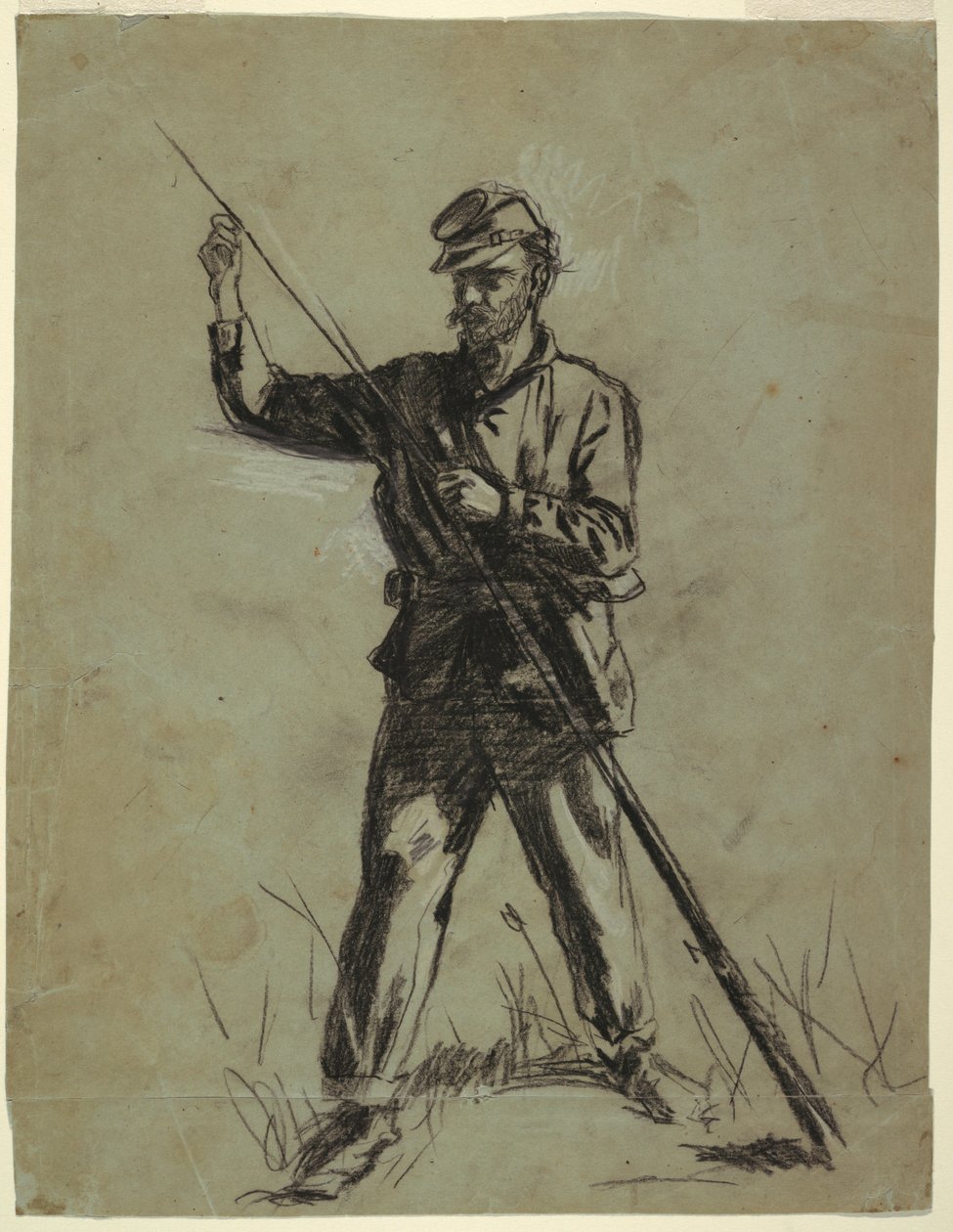 Rysunek, żołnierz kawalerii ładujący karabin, 1863-64 autorstwa Winslow Homer