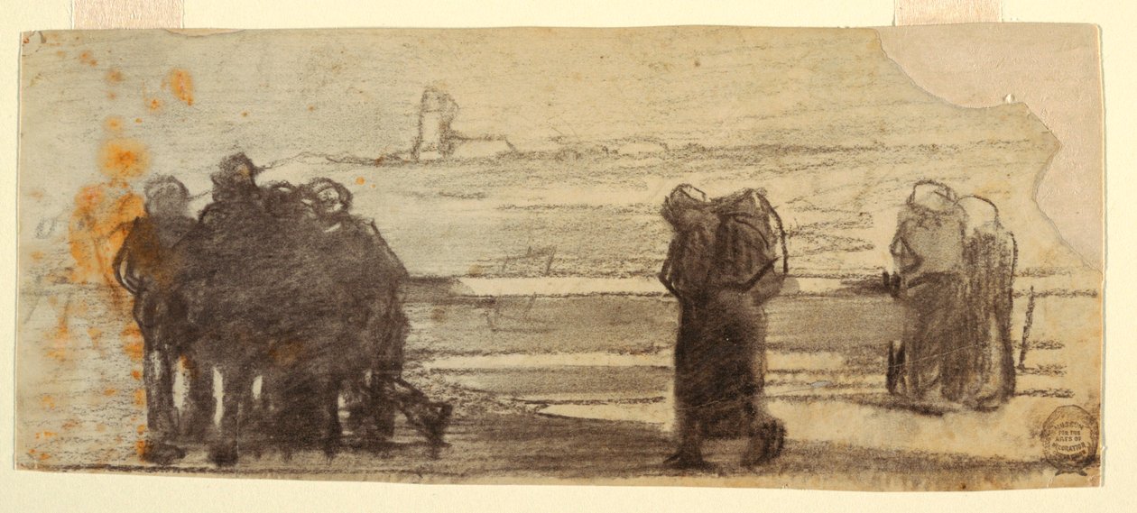 Rysunek, postacie z widokiem na zatokę i mała łódź, Cullercoats, Anglia, 1881-82 autorstwa Winslow Homer
