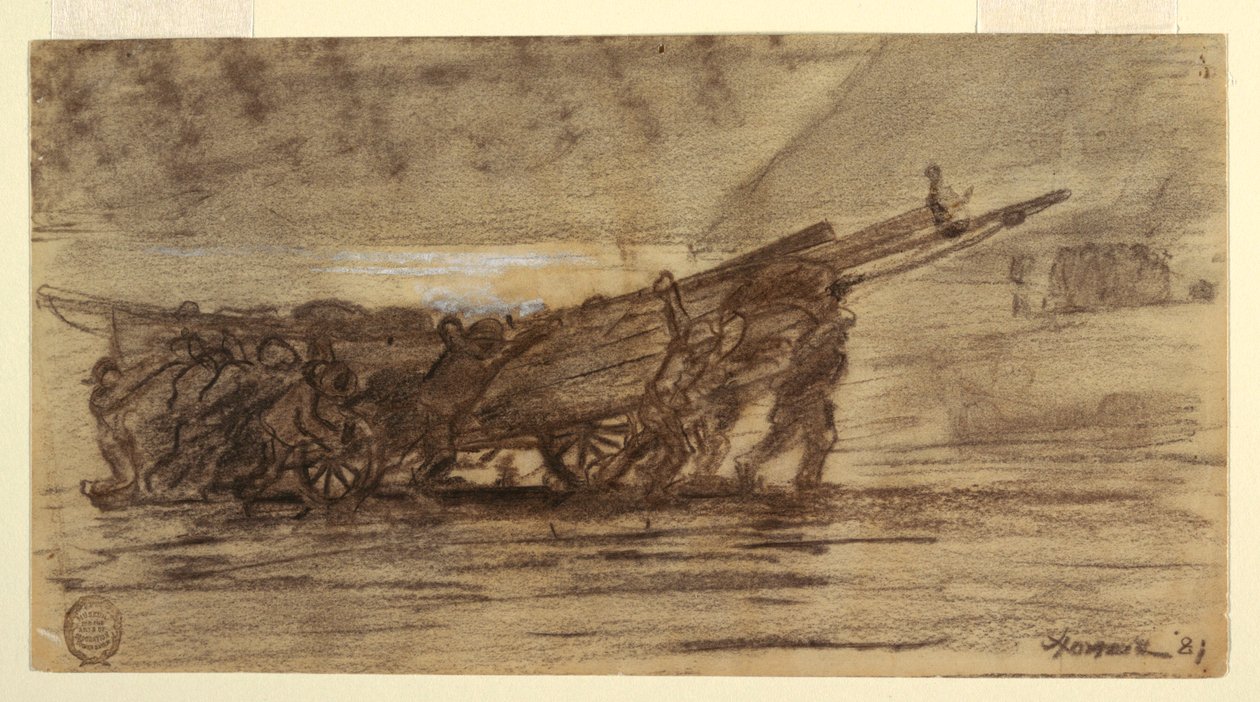 Rysunek przedstawiający rybaków przybijających do brzegu, Cullercoats, Anglia, 1881 r. autorstwa Winslow Homer