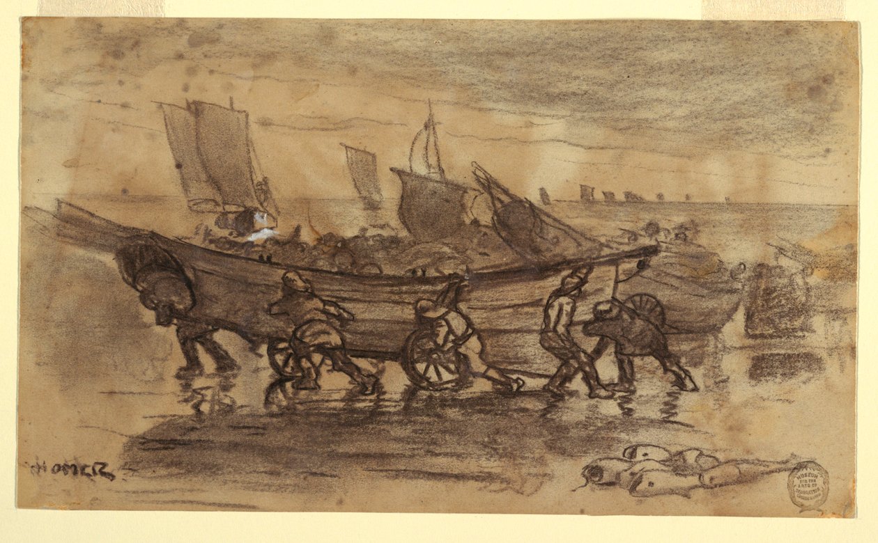 Rysunek przedstawiający rybaków na kutrze, Cullercoats, Anglia, 1881 r. autorstwa Winslow Homer
