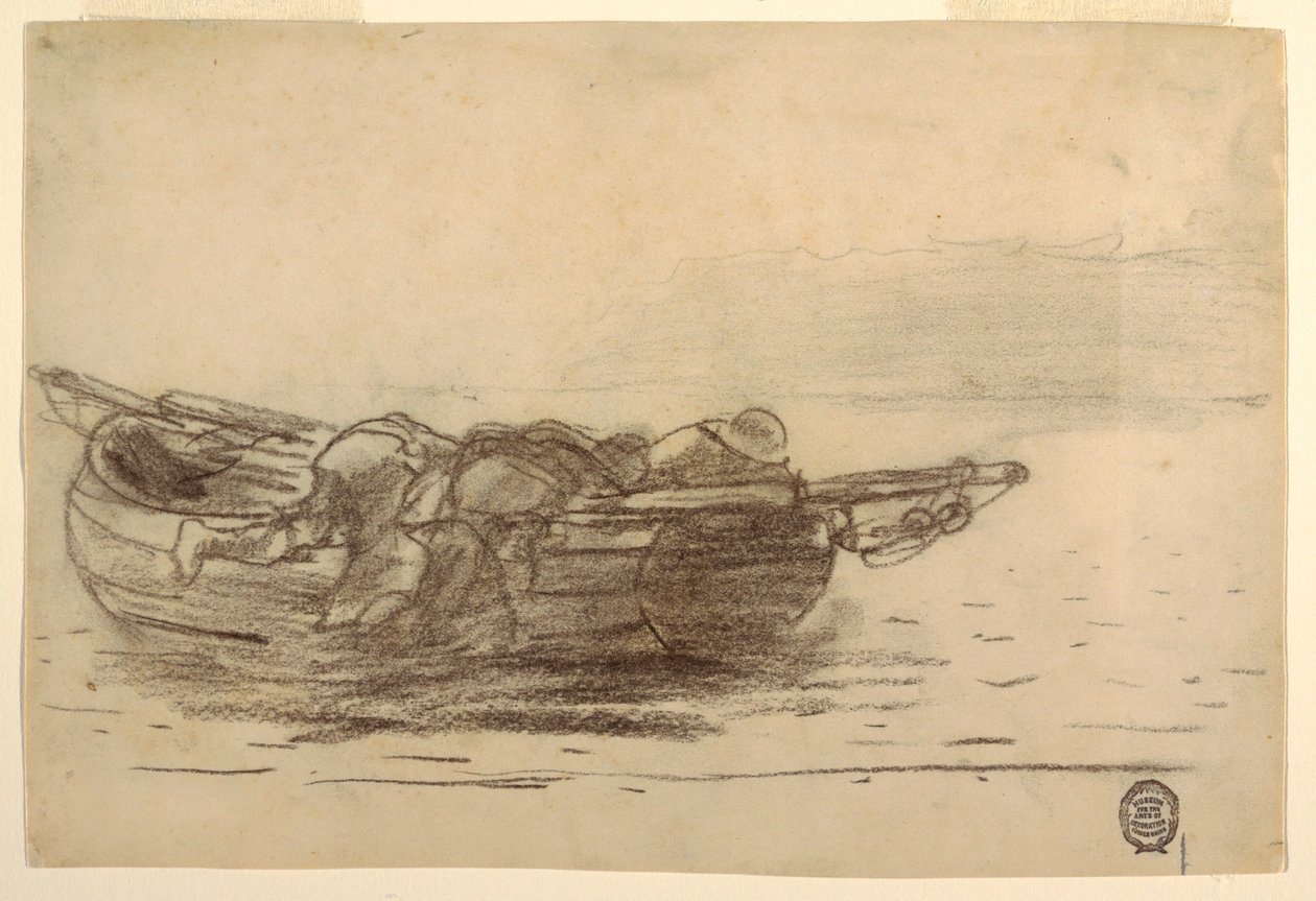 Rysunek przedstawiający rybaków wspinających się na Gunwales, Cullercoats, Anglia, 1881-82 autorstwa Winslow Homer