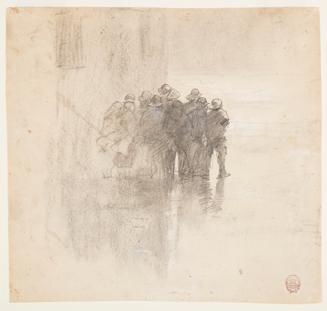 Rysunek, rybacy w skórach olejowych, Cullercoats, Anglia, 1881 r. autorstwa Winslow Homer