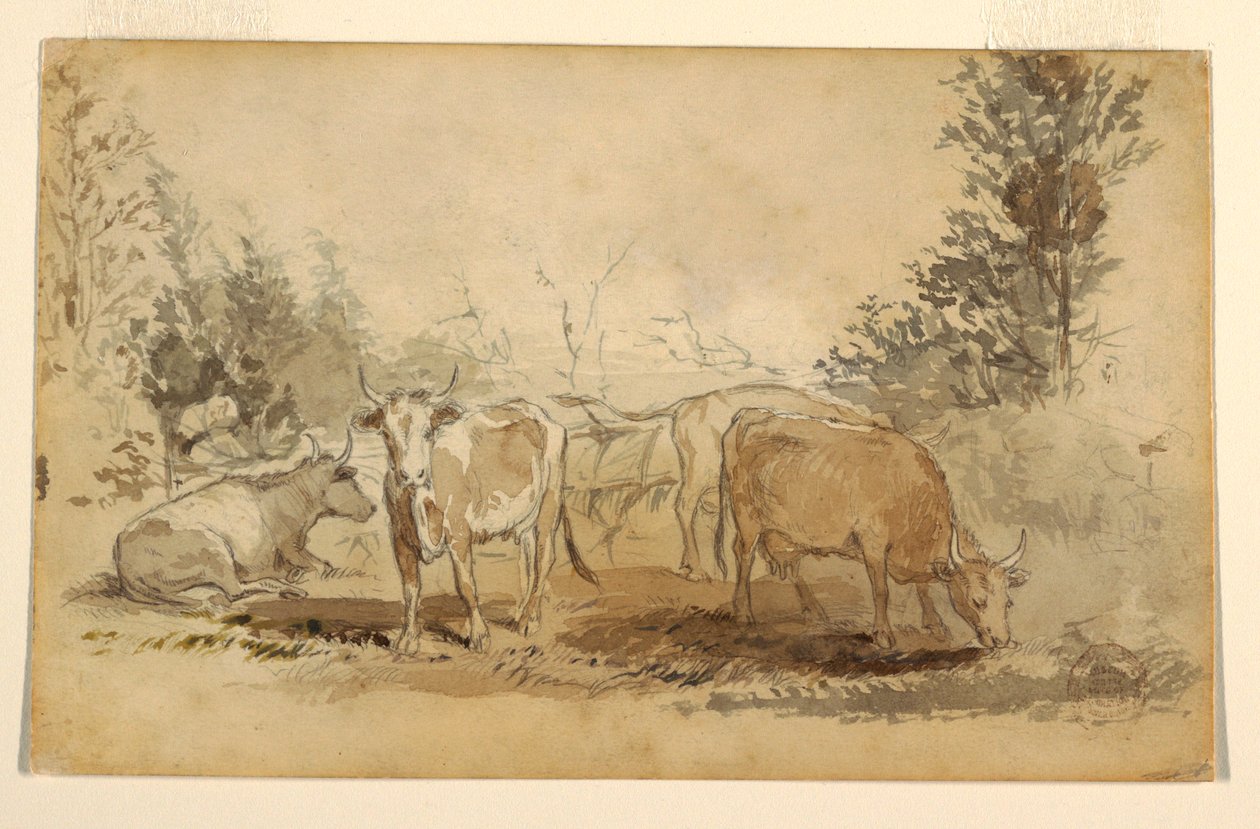 Rysunek Cztery krowy pasące się na pastwisku, ok. 1855-60 autorstwa Winslow Homer