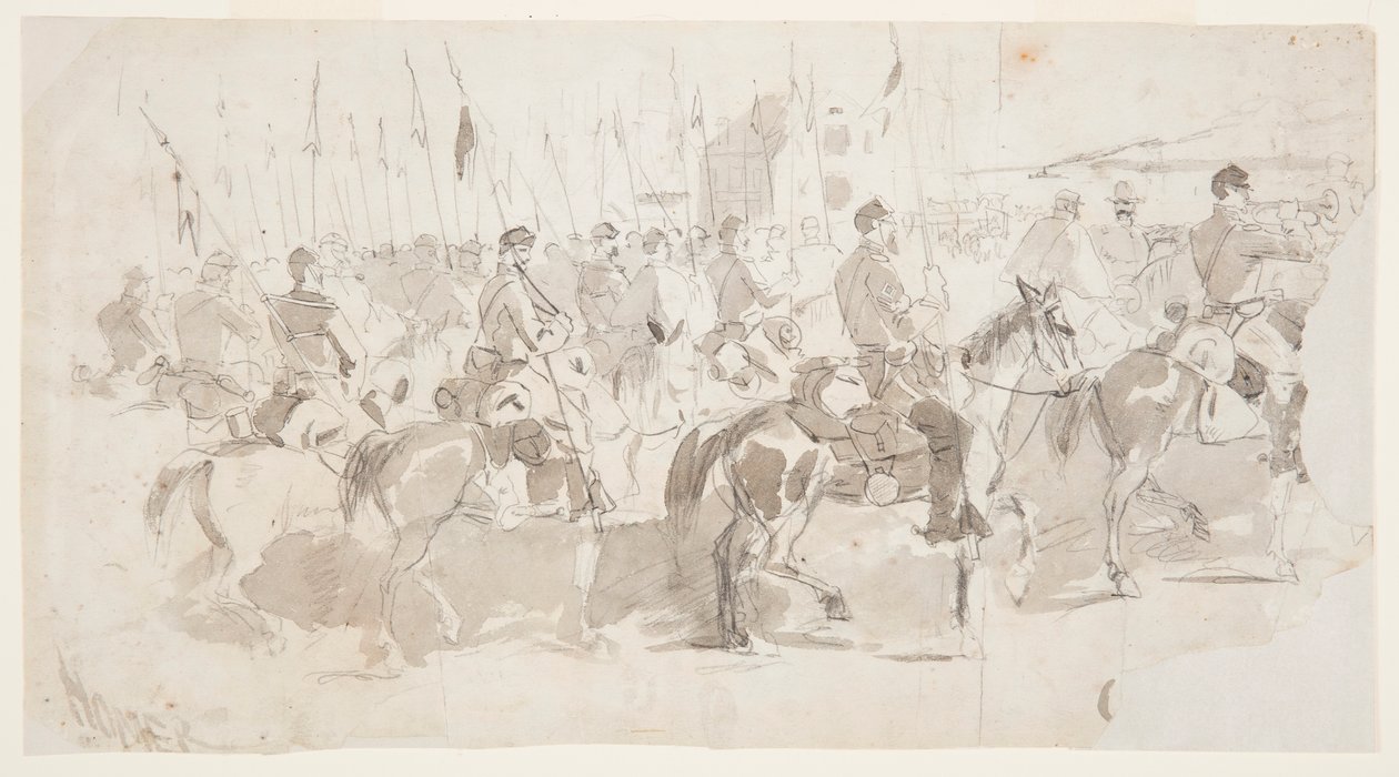 Rysunek przedstawiający Szósty Pułk Kawalerii generała McClellana wyruszający z Aleksandrii do Old Point Comfort, 2 kwietnia 1862 r. autorstwa Winslow Homer