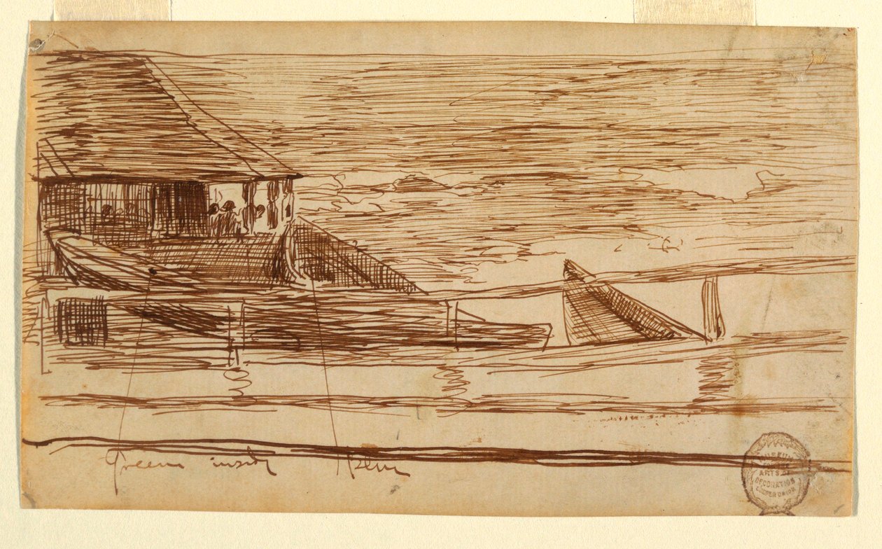 Rysunek, Dom przy balustradzie z kutrami, Cullercoats, Anglia, 1881 r. autorstwa Winslow Homer