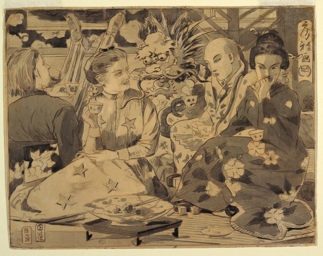 Rysunek, Międzynarodowe przyjęcie herbaciane, ok. 1867 r. autorstwa Winslow Homer