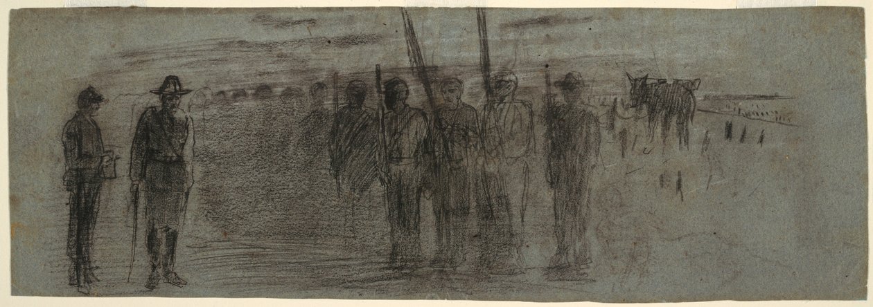 Rysunek, oficer i adiutant dokonujący inspekcji eskadry, prawdopodobnie 1864 r. autorstwa Winslow Homer