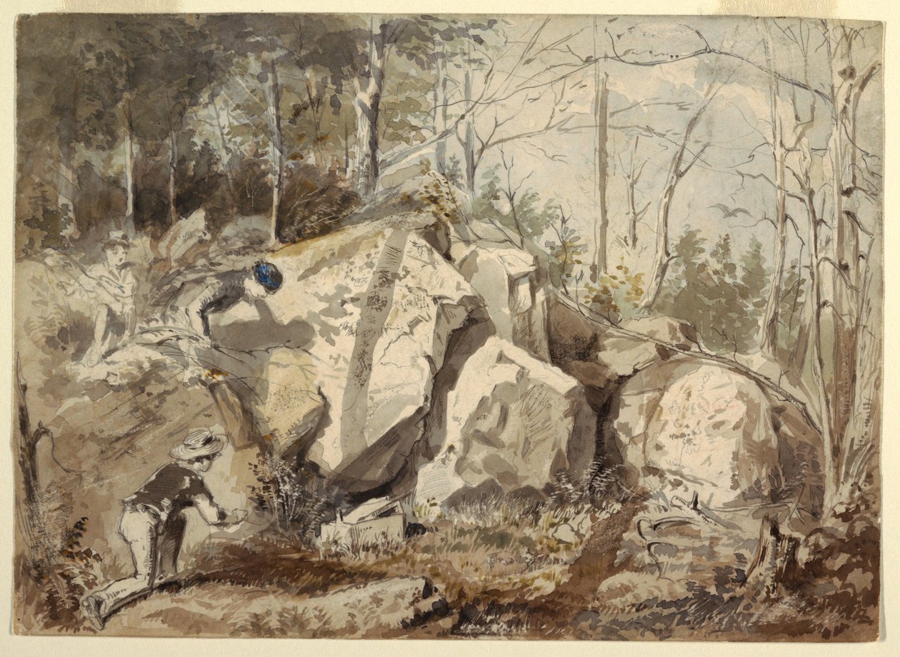 Rysunek przedstawiający zastawianie pułapki na wiewiórki, ok. 1855 r. autorstwa Winslow Homer