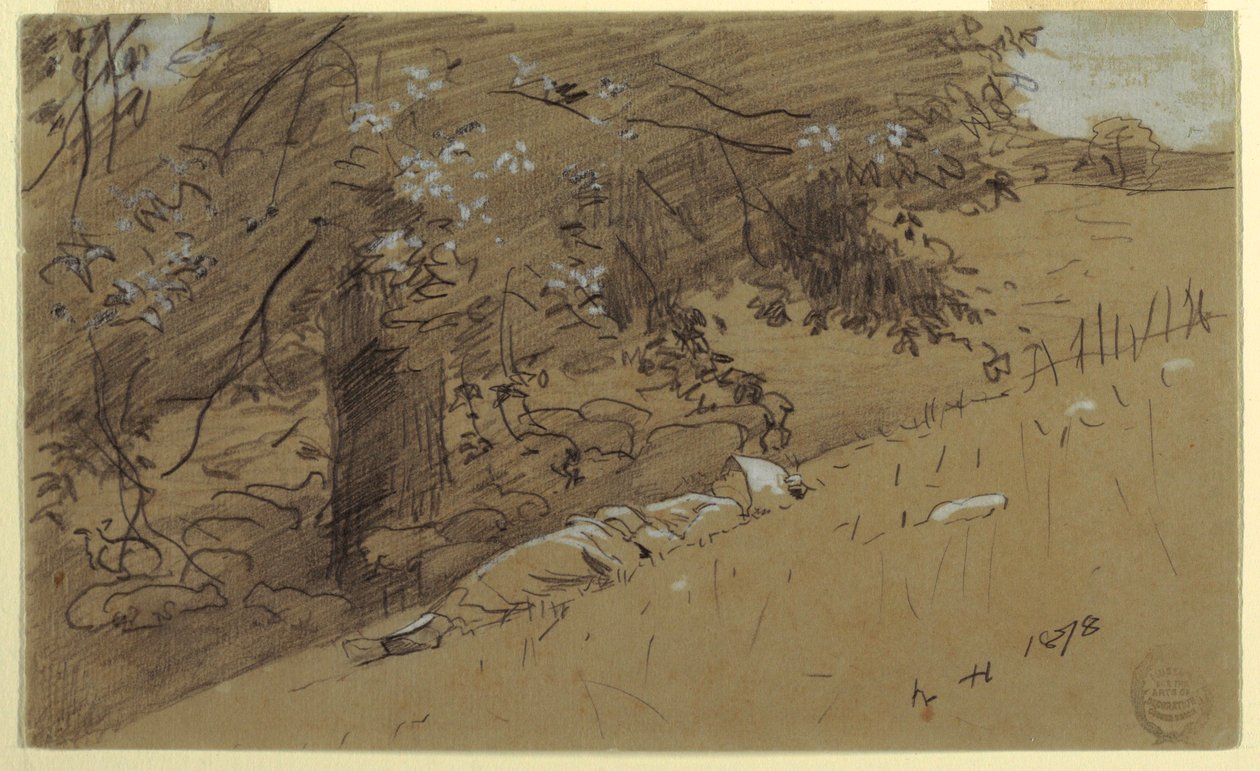 Rysunek, Pasterka odpoczywająca pod drzewem, 1878 r. autorstwa Winslow Homer