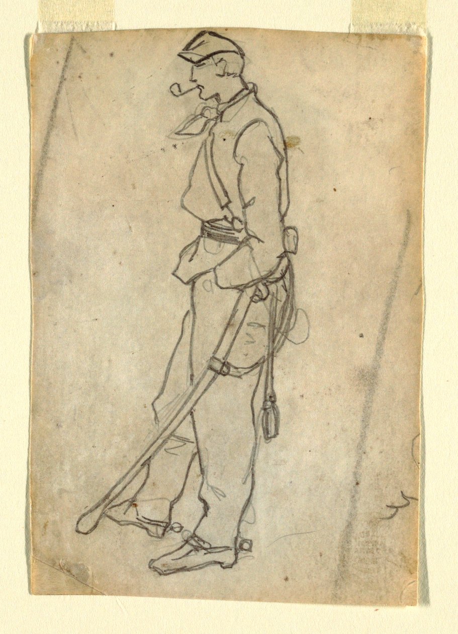Rysunek, żołnierz z mieczem i fajką, 1862 r. autorstwa Winslow Homer