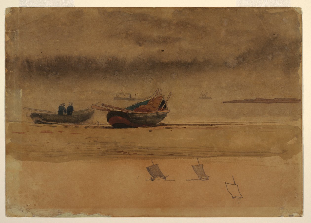 Rysunek, widok z rufy na dwie łodzie wiosłowe, Anglia, 1881-82 autorstwa Winslow Homer