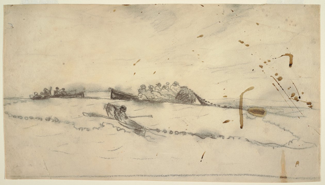 Rysunek przedstawiający trzy łodzie z rybakami zarzucającymi sieci, 1881-82 autorstwa Winslow Homer