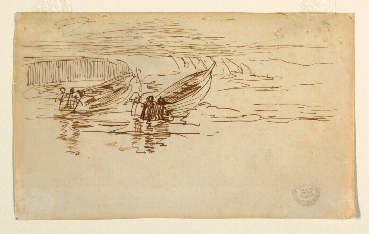 Rysunek przedstawiający wodowanie dwóch pontonów, Anglia, 1881 r. autorstwa Winslow Homer