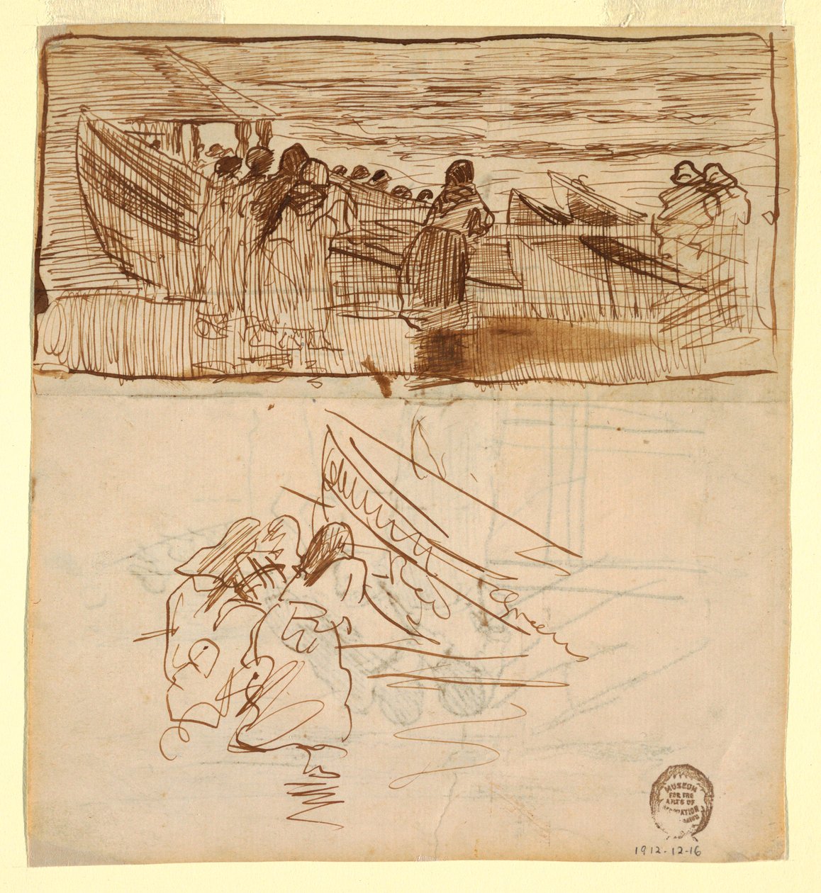 Rysunek, Dwa studia kobiet obserwujących wodowanie pontonów, Cullercoats, Anglia, 1881 r. autorstwa Winslow Homer