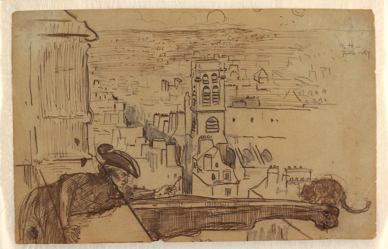Rysunek, widok Paryża z attyką wieży katedry Notre Dame, 1867 r. autorstwa Winslow Homer