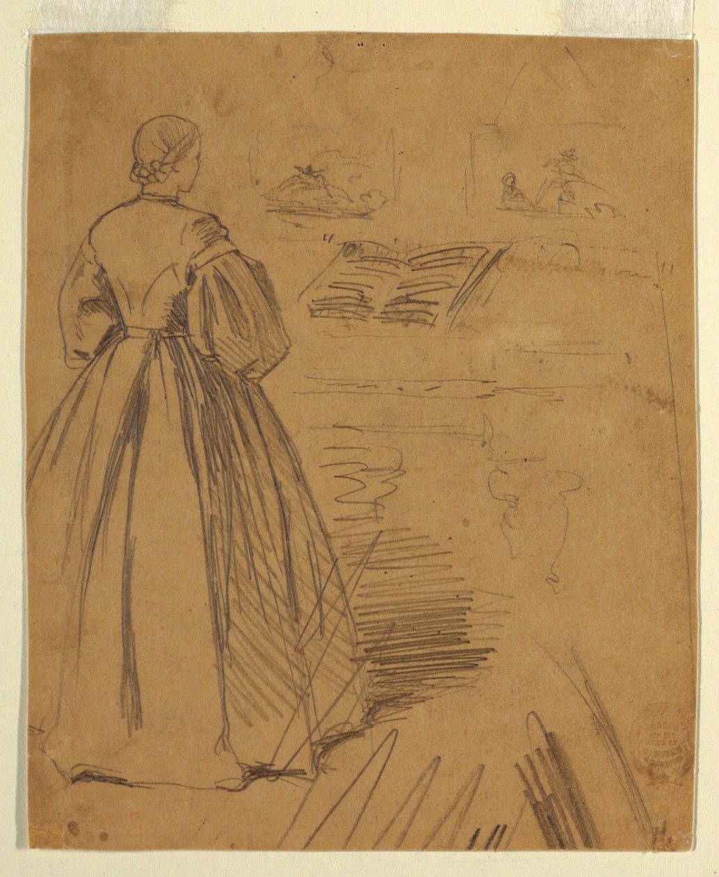 Rysunek, kobieta stojąca przed fortepianem, 1862 r. autorstwa Winslow Homer