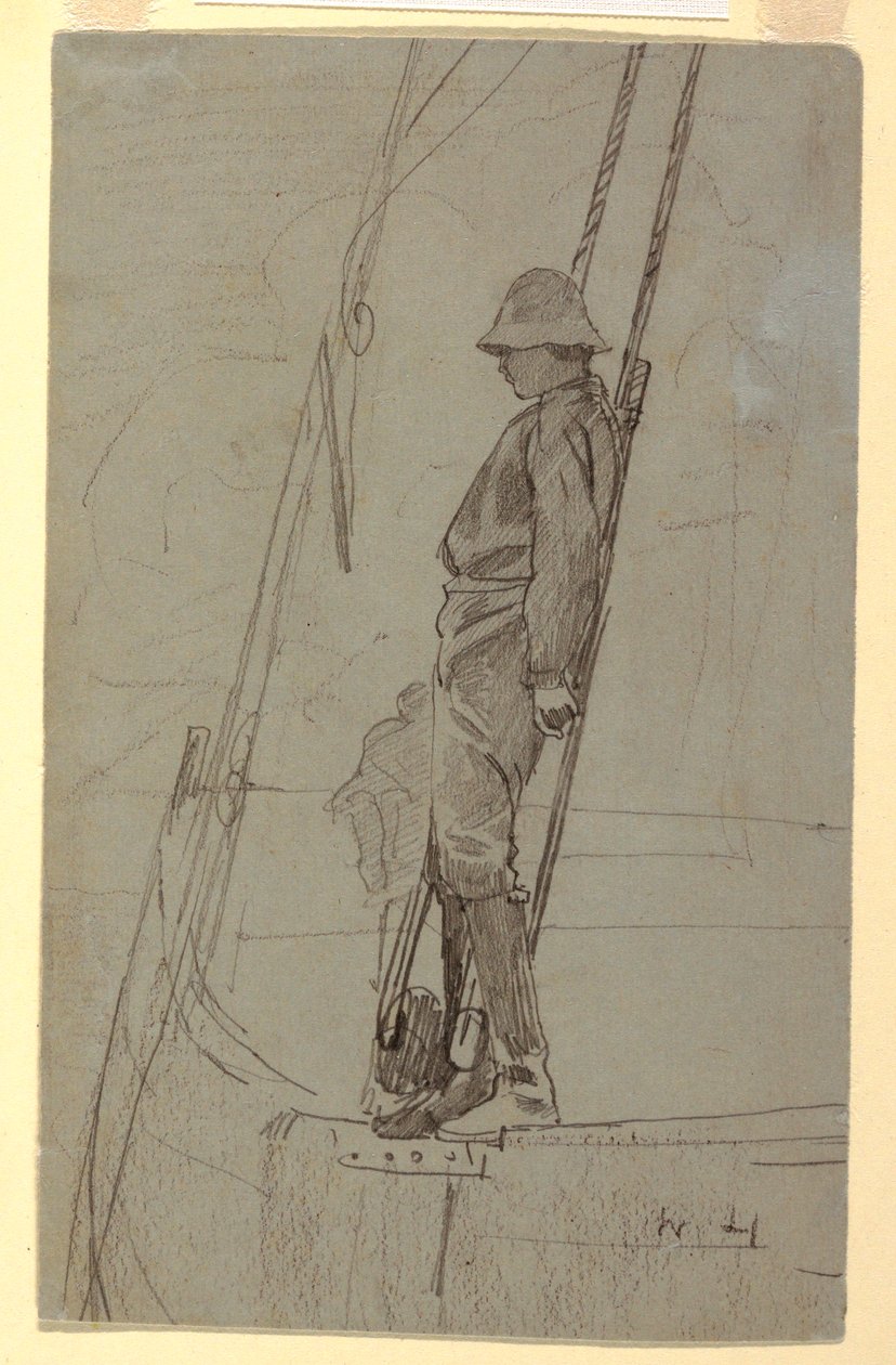 Rysunek przedstawiający młodego mężczyznę opierającego się o olinowanie żaglówki, prawdopodobnie 1861-62 r. autorstwa Winslow Homer
